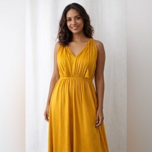 LOFT Mustard Yellow Satin Midi Dress Pleated V-Neck Tassel Tie Size Medium